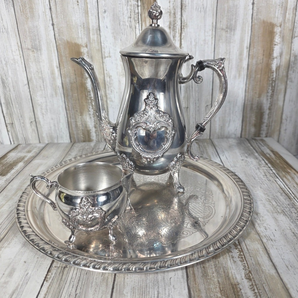 Leonard Silver Plated Tea Set 3pc Ornate Teapot Creamer and Etched Serving Tray - Picture 7 of 16
